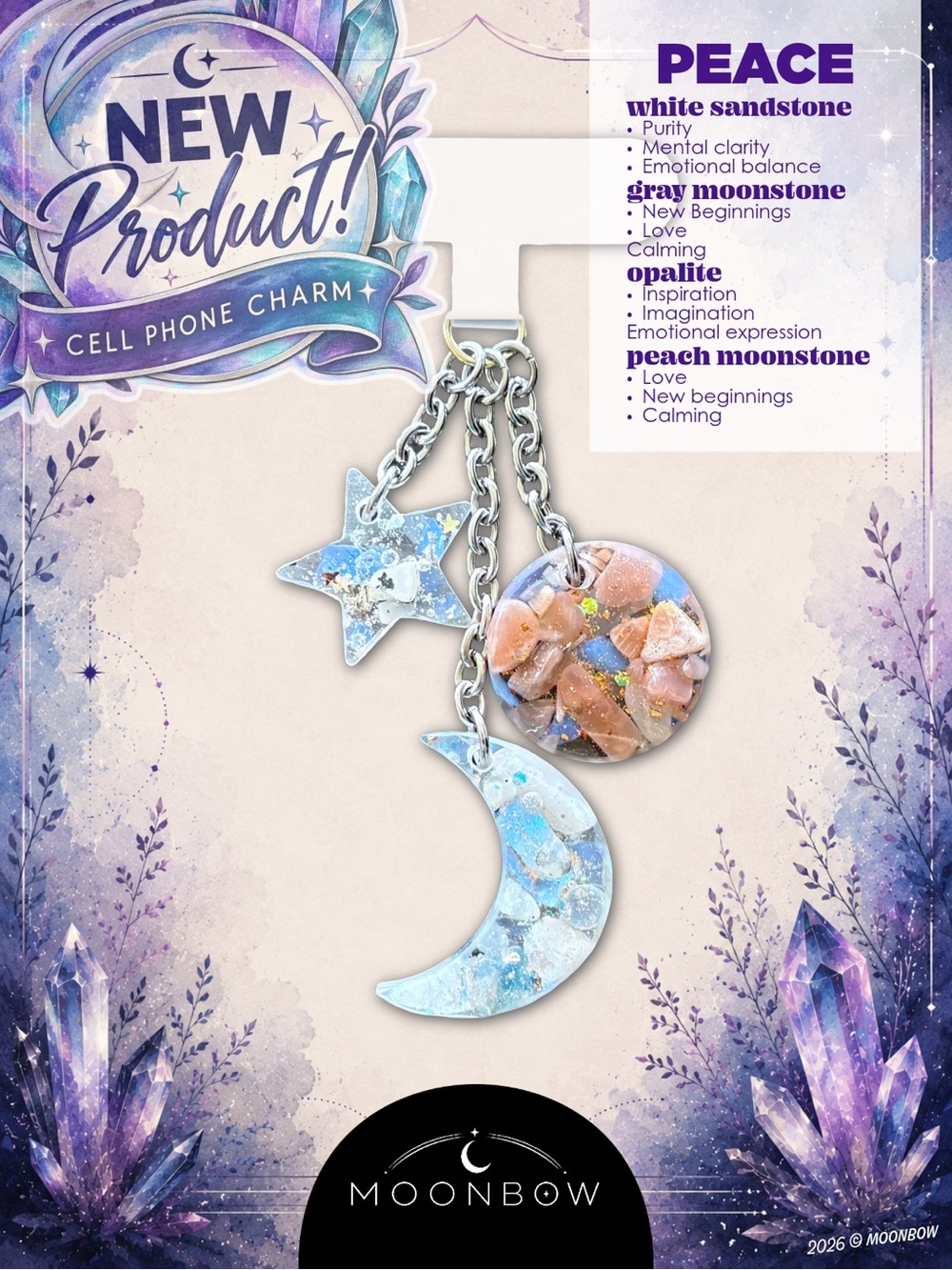 Moonbow Handmade Cell Charm ft. White Sandstone, Opalite, Gray + Peach Moonstone